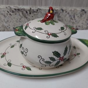 Temptations by Tara Cardinal Holly 736680 Sandwich Plate and Soup Bowl w/ Lid
